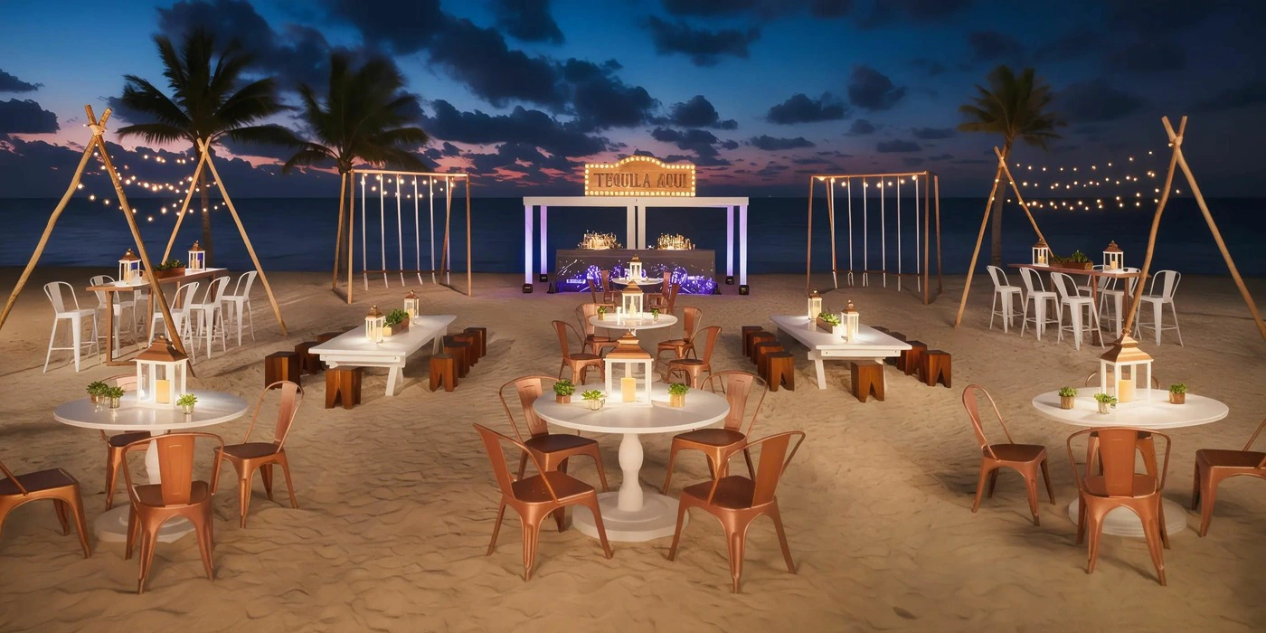 Energy Beach wedding reception setup at Breathless Riviera Cancun at sunset