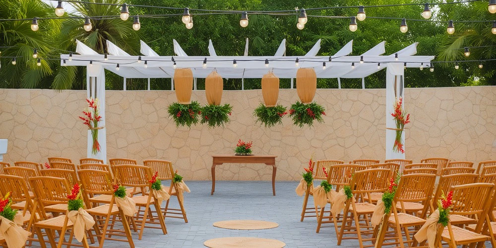 Parasassa Garden outdoor ceremony setup with wooden chairs and pergola at Zoëtry Curaçao Resort & Spa