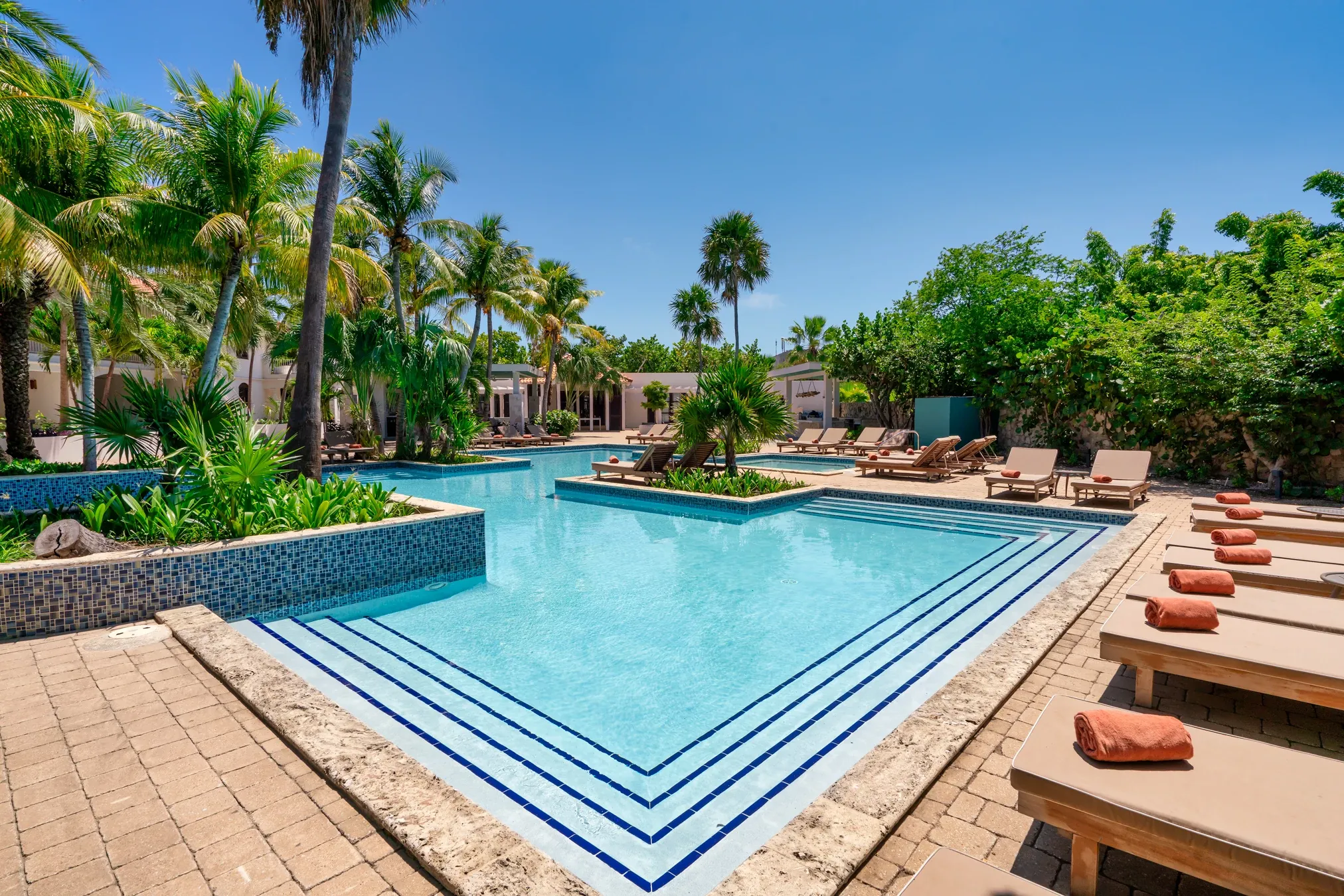 Serene swimming pool surrounded by palm trees at Zoëtry Curaçao Resort & Spa, offering a tranquil luxury escape in the Caribbean.